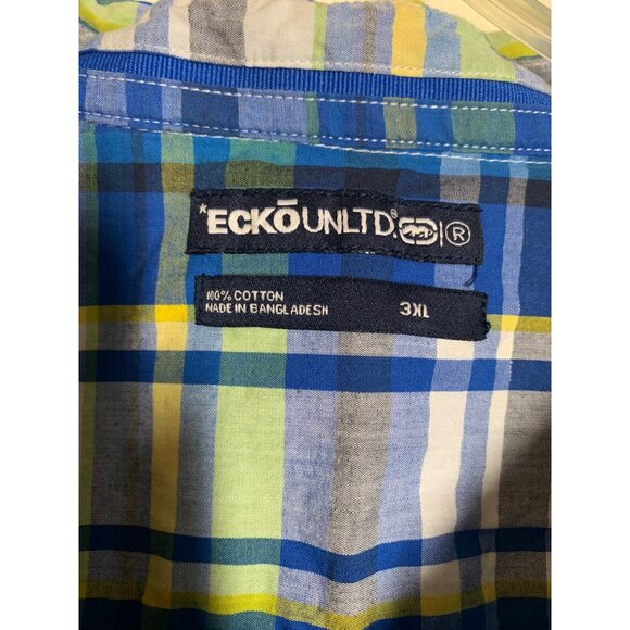Ecko Unltd Button Up Shirt Short Sleeve Plaid Skater Street Y2K Casual Cotton 3X - Picture 5 of 5